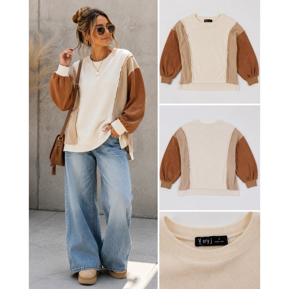 Veryj Women's Fleece Colorblock Crew Neck Pullover Sweatshirt Balloon Sleeve S
